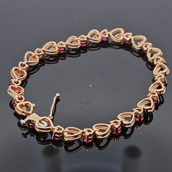 10KT Yellow Gold Diamond & Lab Grown Ruby Heart Link Tennis Bracelet 8 Inches - Picture 12 of 15